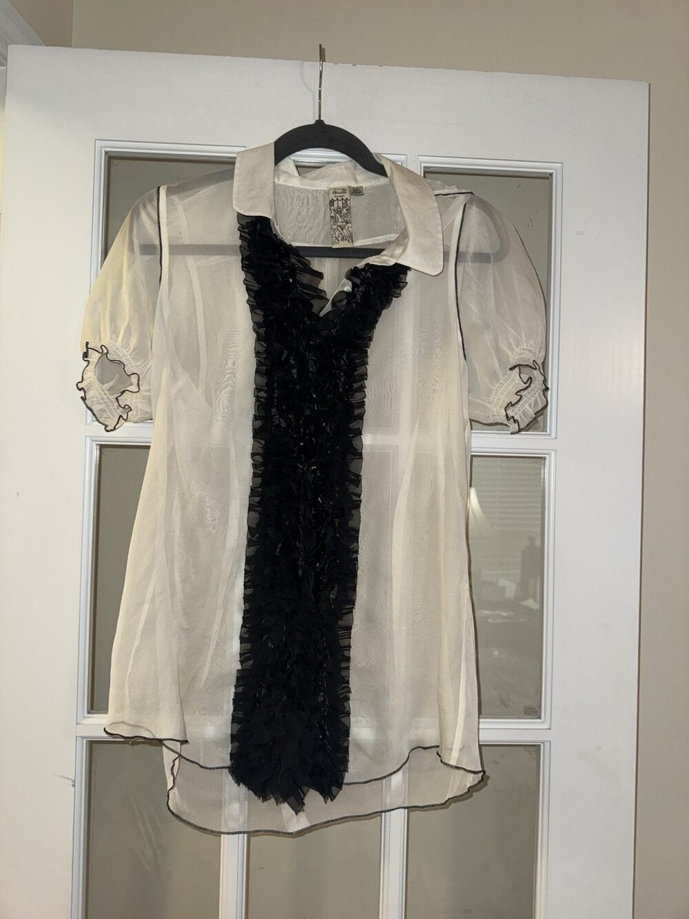 Twelve By Twelve Ruffle Button Top Large White Black Sheer Romantic Blouse Vamp